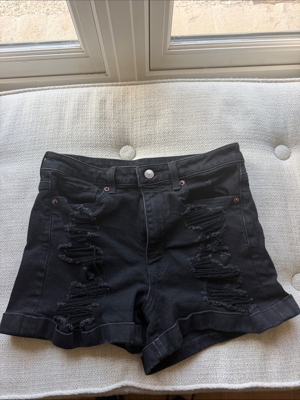 American Eagle Outfitters Black Distressed High-Rise Jean Shorts